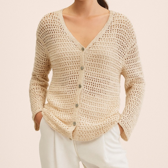 Vintage 90s Eddie Bauer Womens Crotchet Lace cream beige Cardigan Sweater Sz XL - Picture 1 of 4